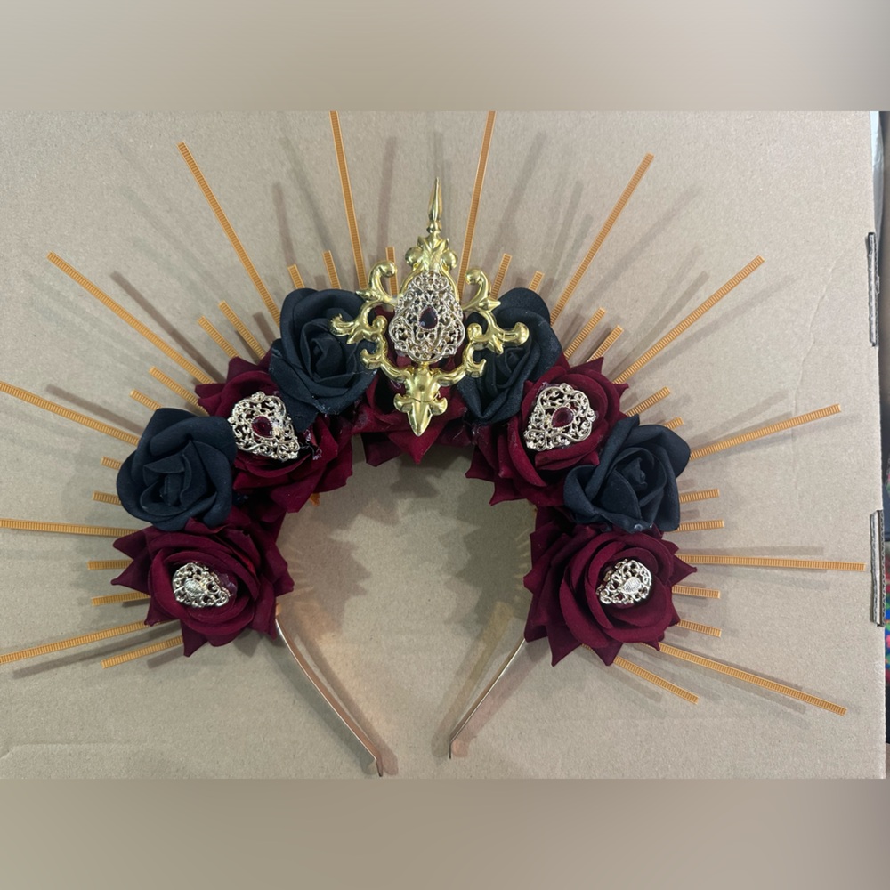 Halloween Queen Goddess burgundy gold black roses headband.